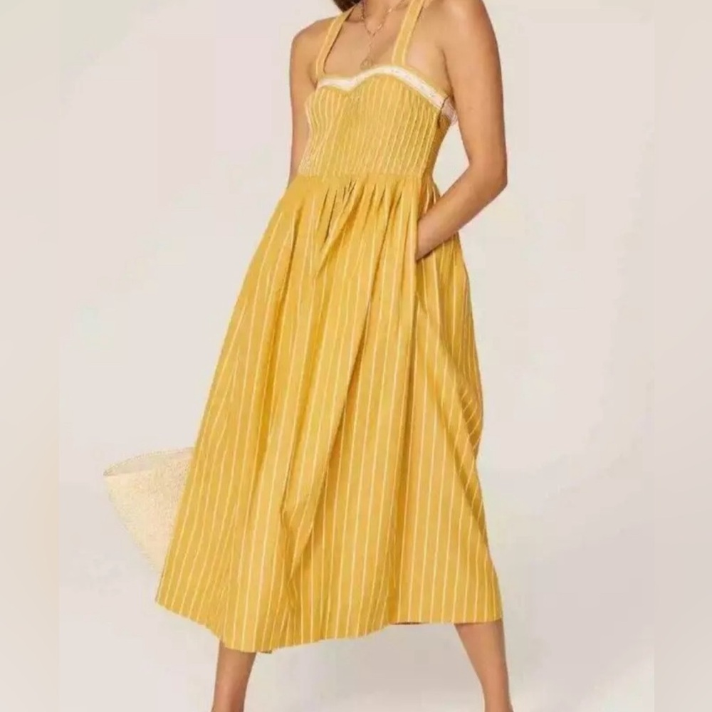 The Great Laurel Dress Yellow White Stripe Midi Smocked Women Sz 1 (S) Cottageco